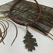 Brown Braided Leather necklace with Leaf