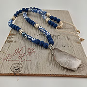 Crystal Quartz Shamballa Surfer necklace with Druzy (Blue/White Eye), and Blue Lava beads