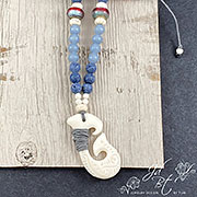 Maori Fish Hook Shamballa Surfer Necklace with Blue Sponge Coral and Angelite