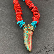 Tribal Inspired CHUNKY Coral + Turquoise necklace with Antique Brass Tooth/Horn with turquoise/coral inlay.
